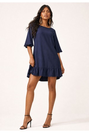 Vestido Curto Viscose Babado Azul Marinho