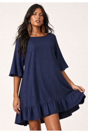 Vestido Curto Viscose Babado Azul Marinho