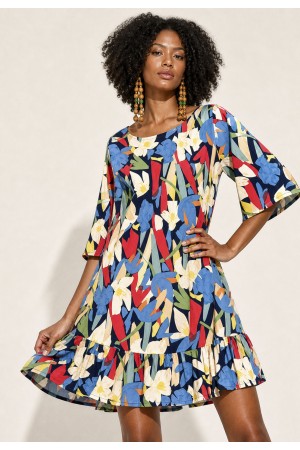 Vestido Curto Viscose Babado Estampa Floresce