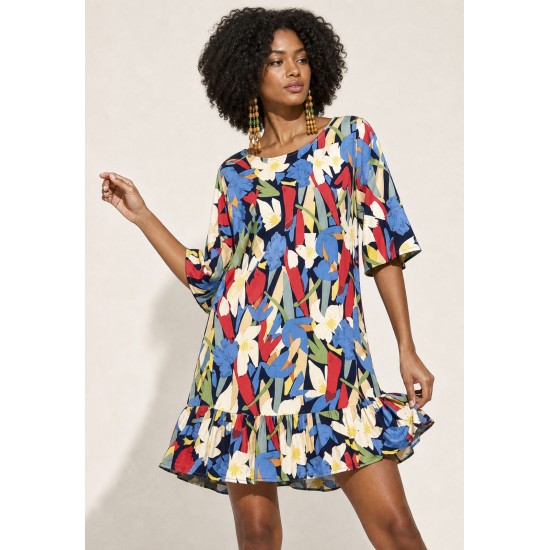 Vestido Curto Viscose Babado Estampa Floresce