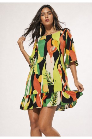 Vestido Curto Viscose Babado Estampa Festival Tropical