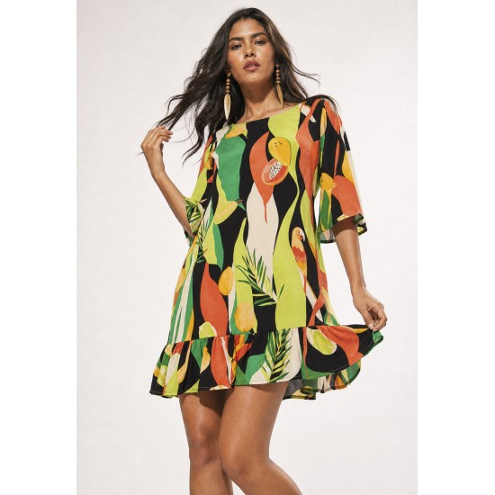 Vestido Curto Viscose Babado Estampa Festival Tropical