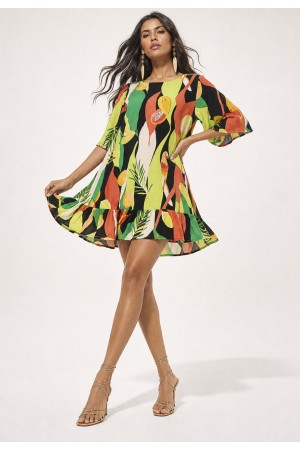 Vestido Curto Viscose Babado Estampa Festival Tropical