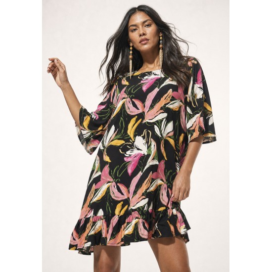 Vestido Curto Viscose Estampa Pétalas Noturna