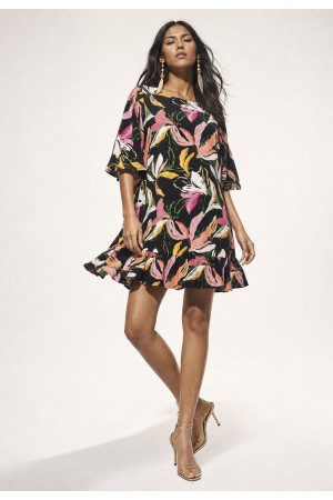 Vestido Curto Viscose Estampa Pétalas Noturna