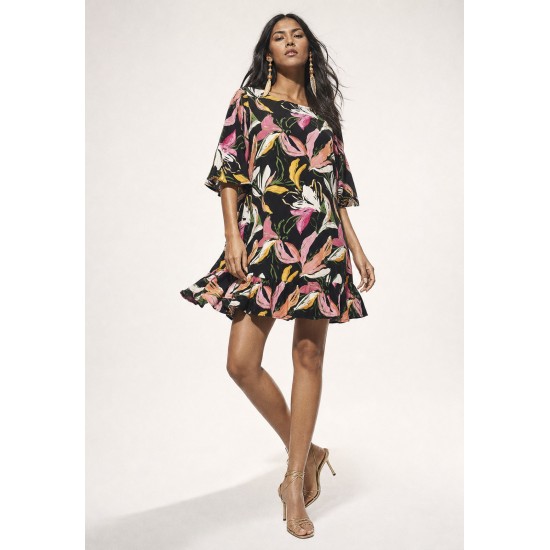 Vestido Curto Viscose Estampa Pétalas Noturna
