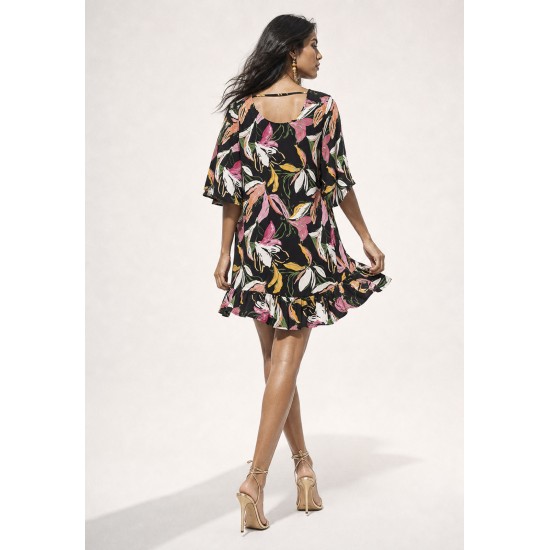 Vestido Curto Viscose Estampa Pétalas Noturna