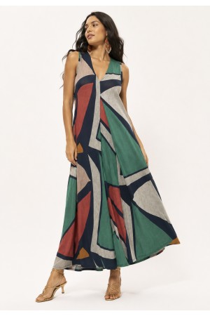 Vestido Longo Acará Malha Estampa Geometrias do Tempo