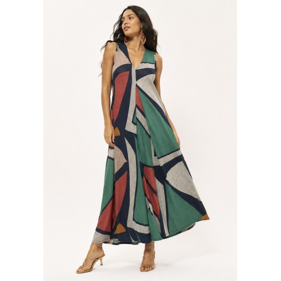 Vestido Longo Acará Malha Estampa Geometrias do Tempo