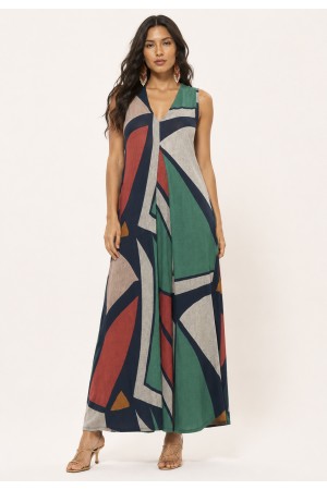 Vestido Longo Acará Malha Estampa Geometrias do Tempo