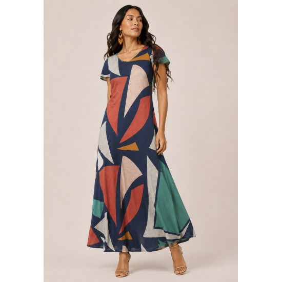 Vestido Amanara Longo Malha Geometrias do Tempo