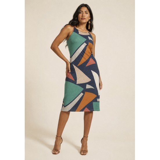 Vestido Aimara Curto Trapézio Malha Geometrias do Tempo