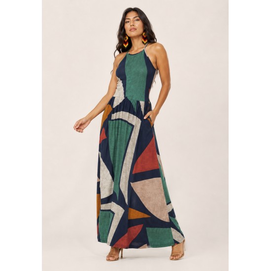 Vestido Longo Jennifer Malha Trapézio com Bolso Geometrias do Tempo