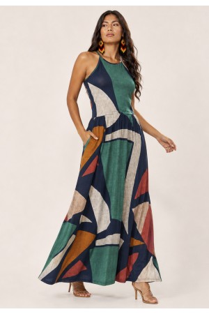Vestido Longo Jennifer Malha Trapézio com Bolso Geometrias do Tempo