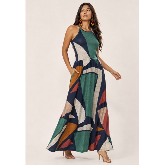 Vestido Longo Jennifer Malha Trapézio com Bolso Geometrias do Tempo