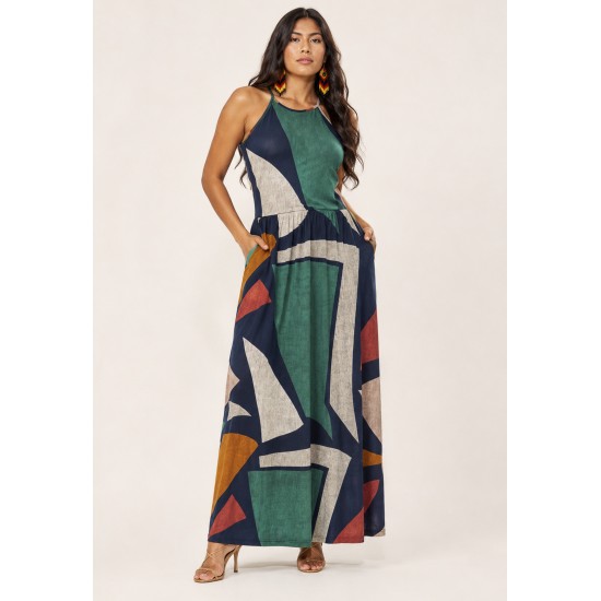 Vestido Longo Jennifer Malha Trapézio com Bolso Geometrias do Tempo