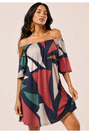Vestido Curto Malha Ombro a Ombro Mullet Amplo Geometrias do Tempo