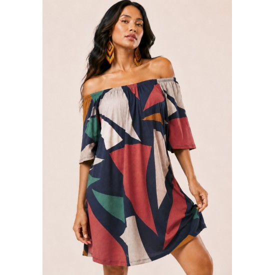 Vestido Curto Malha Ombro a Ombro Mullet Amplo Geometrias do Tempo