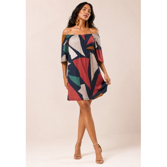 Vestido Curto Malha Ombro a Ombro Mullet Amplo Geometrias do Tempo