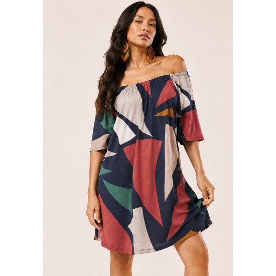 Vestido Curto Malha Ombro a Ombro Mullet Amplo Geometrias do Tempo
