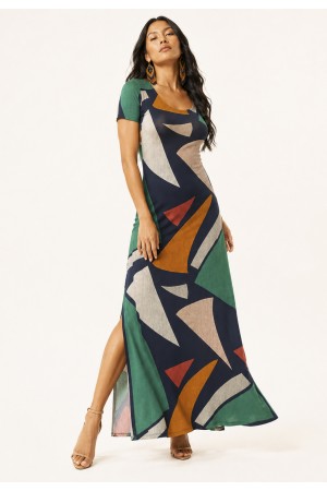 Vestido Longo Malha Gola Canoa Manga Curta Geometrias do Tempo