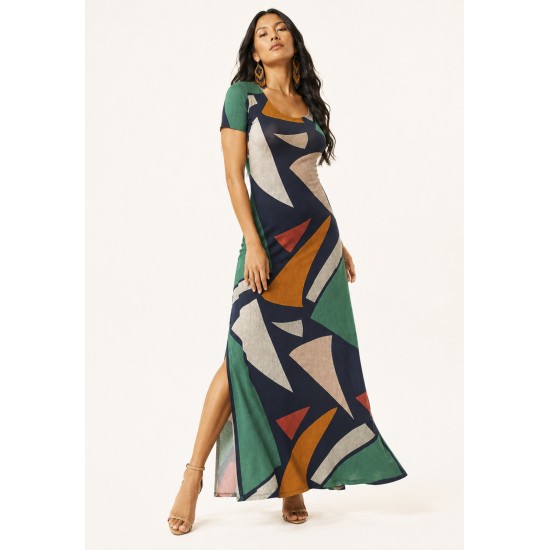 Vestido Longo Malha Gola Canoa Manga Curta Geometrias do Tempo