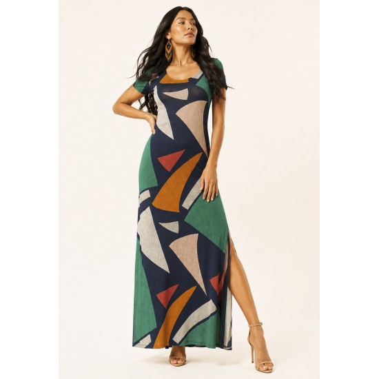 Vestido Longo Malha Gola Canoa Manga Curta Geometrias do Tempo