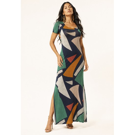 Vestido Longo Malha Gola Canoa Manga Curta Geometrias do Tempo