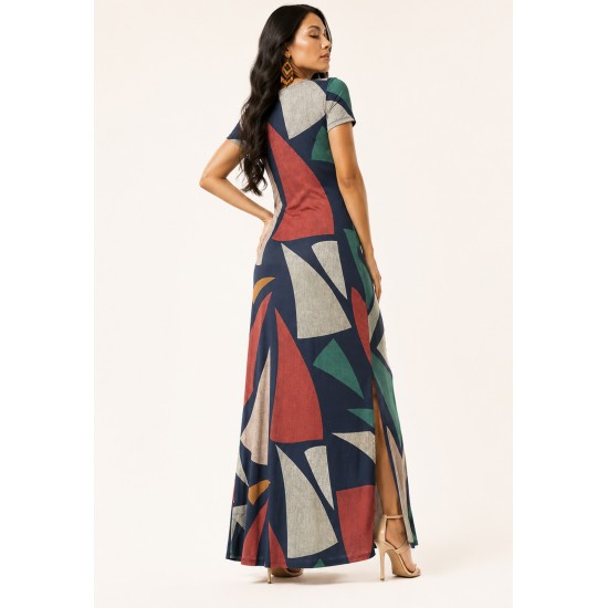 Vestido Longo Malha Gola Canoa Manga Curta Geometrias do Tempo