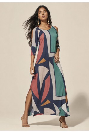 Vestido Boyrá Longo Malha Detalhe na Manga Geometrias do Tempo