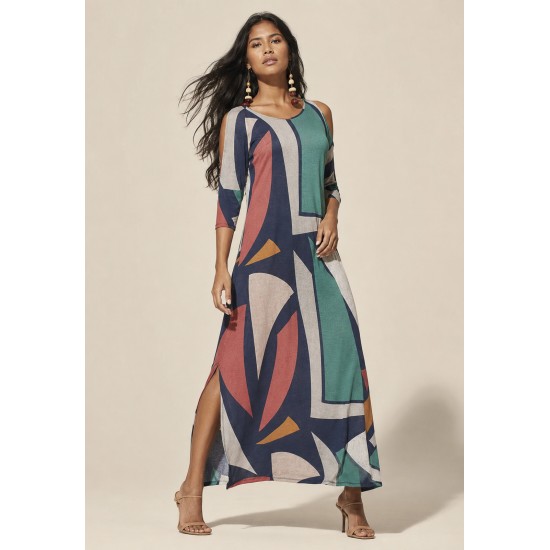 Vestido Boyrá Longo Malha Detalhe na Manga Geometrias do Tempo