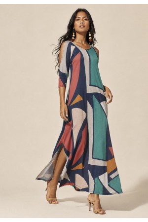 Vestido Boyrá Longo Malha Detalhe na Manga Geometrias do Tempo