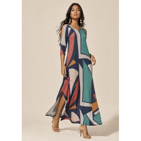 Vestido Boyrá Longo Malha Detalhe na Manga Geometrias do Tempo
