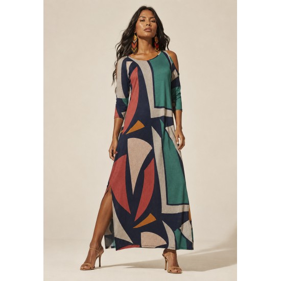 Vestido Boyrá Longo Malha Detalhe na Manga Geometrias do Tempo