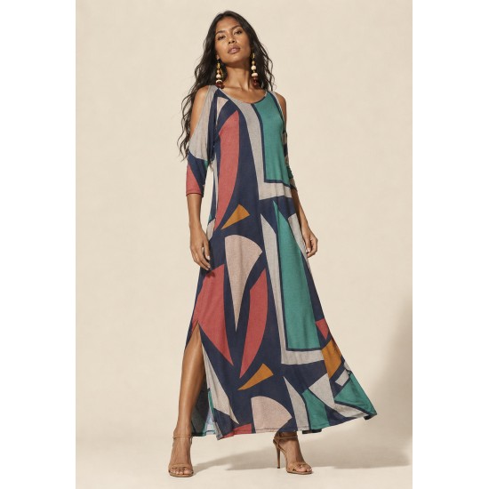 Vestido Boyrá Longo Malha Detalhe na Manga Geometrias do Tempo