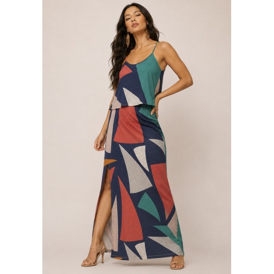 Vestido Longo Amana Malha Aberturas Estampa Geometrias do Tempo