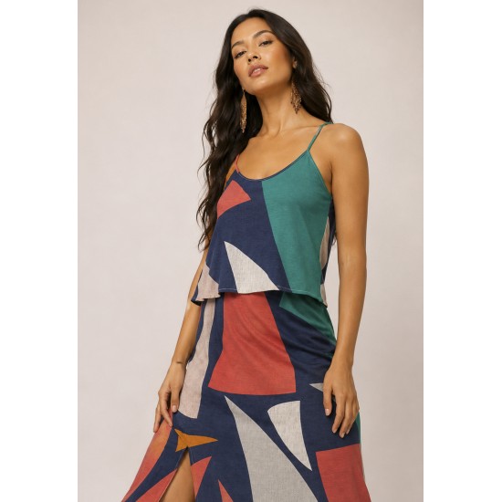 Vestido Longo Amana Malha Aberturas Estampa Geometrias do Tempo