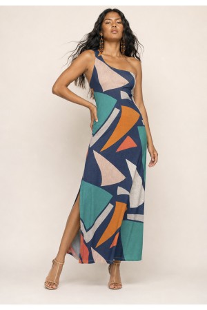 Vestido Longo Jandira Ombro Nu Fenda Lateral Geometrias do Tempo