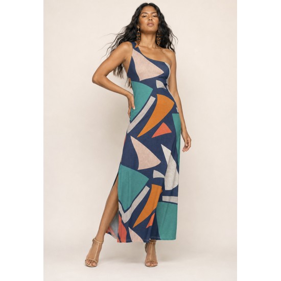 Vestido Longo Jandira Ombro Nu Fenda Lateral Geometrias do Tempo