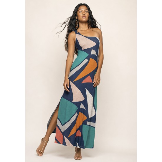Vestido Longo Jandira Ombro Nu Fenda Lateral Geometrias do Tempo