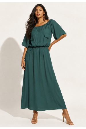 Vestido Midi Viscose Ciganinha com Lapela Verde