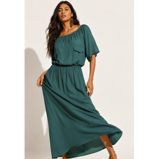 Vestido Midi Viscose Ciganinha com Lapela Verde