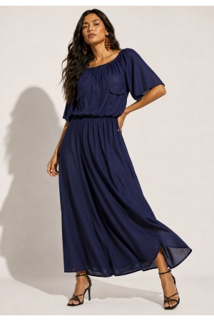 Vestido Midi Viscose Ciganinha com Lapela Azul Marinho