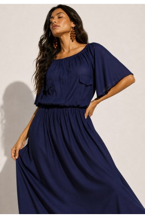 Vestido Midi Viscose Ciganinha com Lapela Azul Marinho