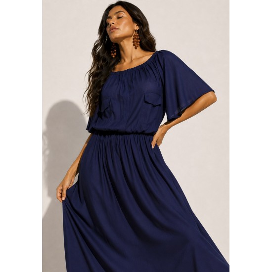 Vestido Midi Viscose Ciganinha com Lapela Azul Marinho