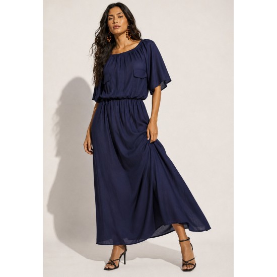 Vestido Midi Viscose Ciganinha com Lapela Azul Marinho