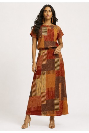 Vestido Longo Morcego Malha Estampa Tramas do Sol