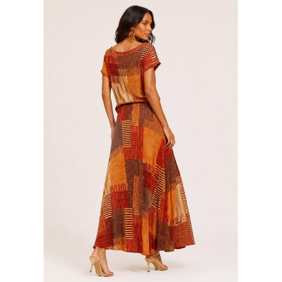 Vestido Longo Morcego Malha Estampa Tramas do Sol