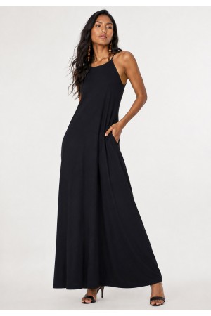 Vestido Longo Anambé Viscose com Bolsos Preto