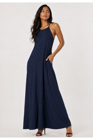 Vestido Longo Anambé Viscose com Bolsos Azul Marinho